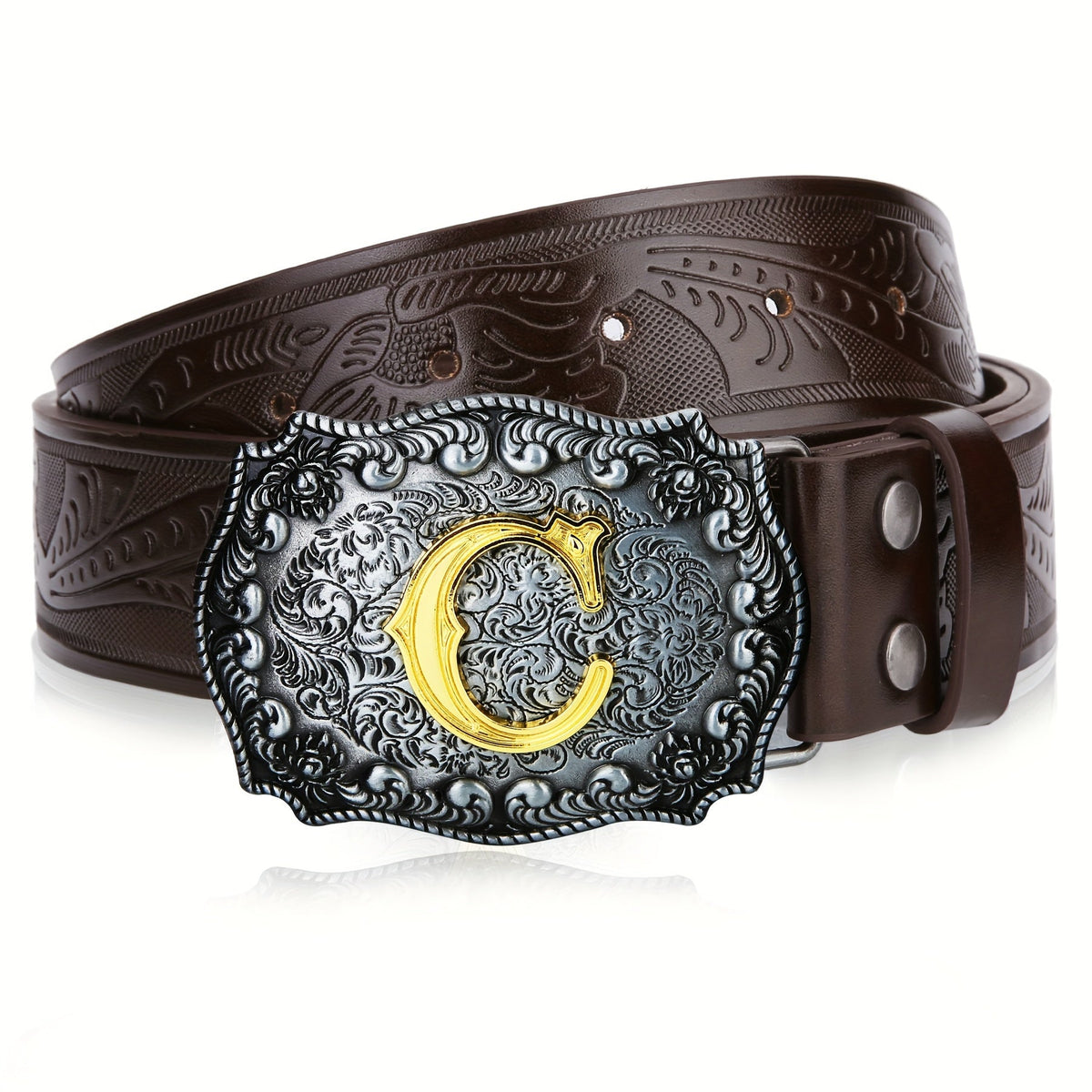 Western Cowboy Belt for Men & Women Embossed Floral Faux Leather – Longhorn Bull Pattern Big Buckle Zinc Alloy, Sizes 34-44, Stylish Durable Country Western Dress Belt Gift for Christmas Father's Day