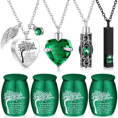 8-Piece Small Cremation Urns for Ashes – Alloy Keepsake Ash Holder Set with Family Tree Memorial Heart Locket Pendant for Adults Men & Women, Burial & Cremation Remembrance Gift, 8 Colors