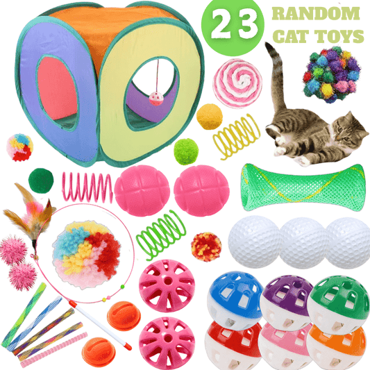 23 Piece Foldable Rainbow Cat Tunnel Toy Set for Kittens – Collapsible Square Tunnel, Teaser Wand, Jingle Balls & Interactive Cat Toys, Indoor Outdoor Pet Play Tent & Exercise Playground