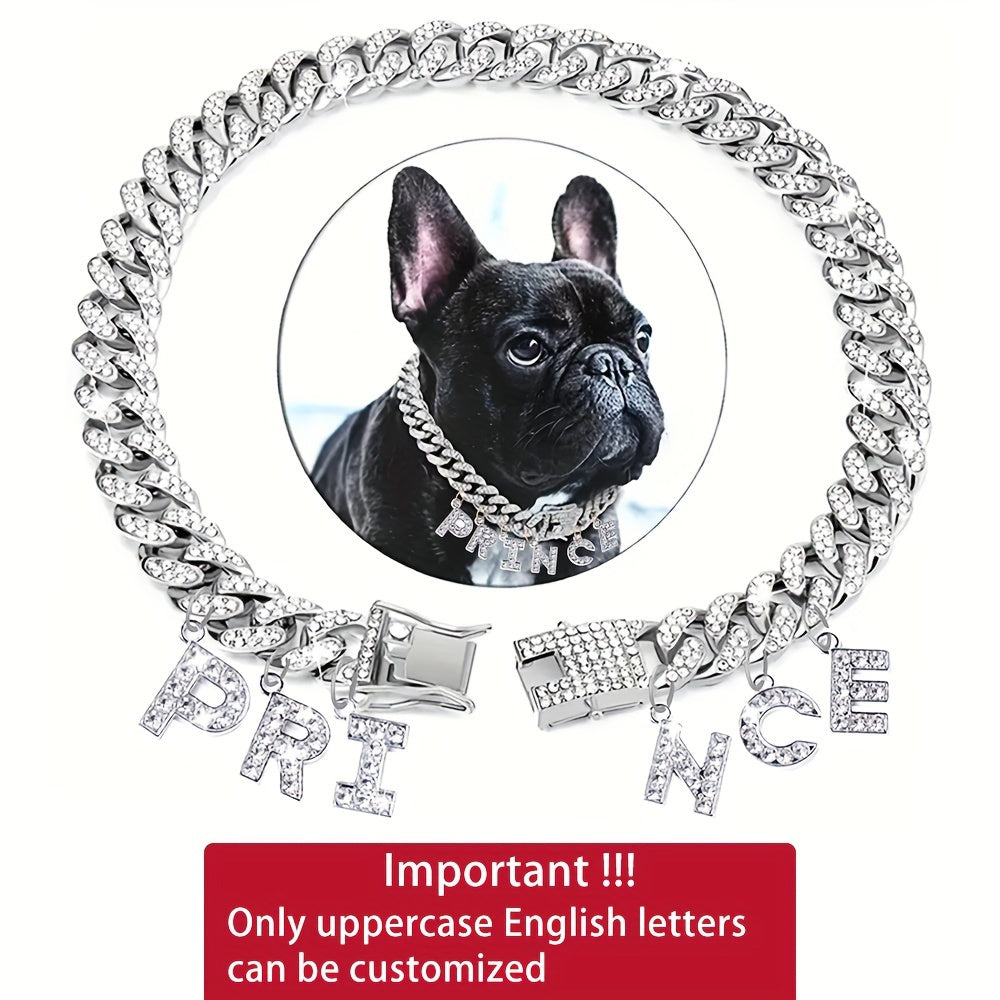 Personalized Rhinestone Dog Necklace Collar with Letter Pendant Tag – Sparkling 13mm Cuban Chain Dog Collar, Custom Initial Charm, Double Lock Design for Small Medium Dogs, Luxury Pet Jewelry Gift