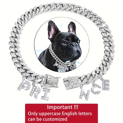 Personalized Rhinestone Dog Necklace Collar with Letter Pendant Tag – Sparkling 13mm Cuban Chain Dog Collar, Custom Initial Charm, Double Lock Design for Small Medium Dogs, Luxury Pet Jewelry Gift
