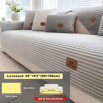 Short Plush Striped Sofa Cover & Cushion - All-Season, Pet-Friendly & Non-Slip - Armchair, Loveseat, 3/4/5-Seater, Backrest, Armrest & Pillowcase - White, Dark Gray, Light Gray, Coffee & Blue