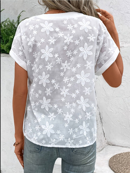 Floral Embroidered V-Neck Blouse Women Loose Casual Summer Tops White Batwing Short Sleeve Button Detail Lightweight Woven Shirt S-XXL