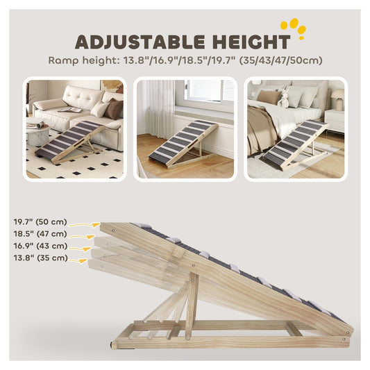 Folding Dog Ramp for Couch Bed Car, 4 Adjustable Heights 13.8"-19.7", 900GSM Non-Slip Carpet, 8 Anti-Slip Strips, Solid Pine Frame, Supports up to 110 lbs, Built-In Handle, for Senior & Large Dogs