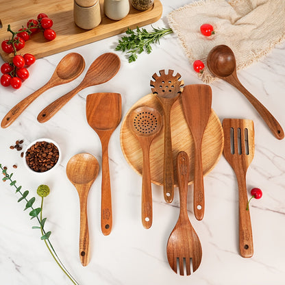 10-Piece Natural Teak Wooden Kitchen Utensils Set - Cooking Spoons, Spatulas & Shovel, Non-Stick Safe, Heat Resistant, Eco-Friendly Wood Cookware Tools for Home Kitchen