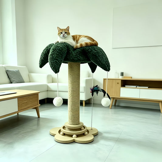 Sisal Cat Scratching Pole Set with Clown Hat Vertical Scratch Plate & Cat Climbing Frame - Wear-Resistant Cat Scratcher Toy with Teasing Stick for Indoor Cats Kittens Millet Shape Turtle Shape
