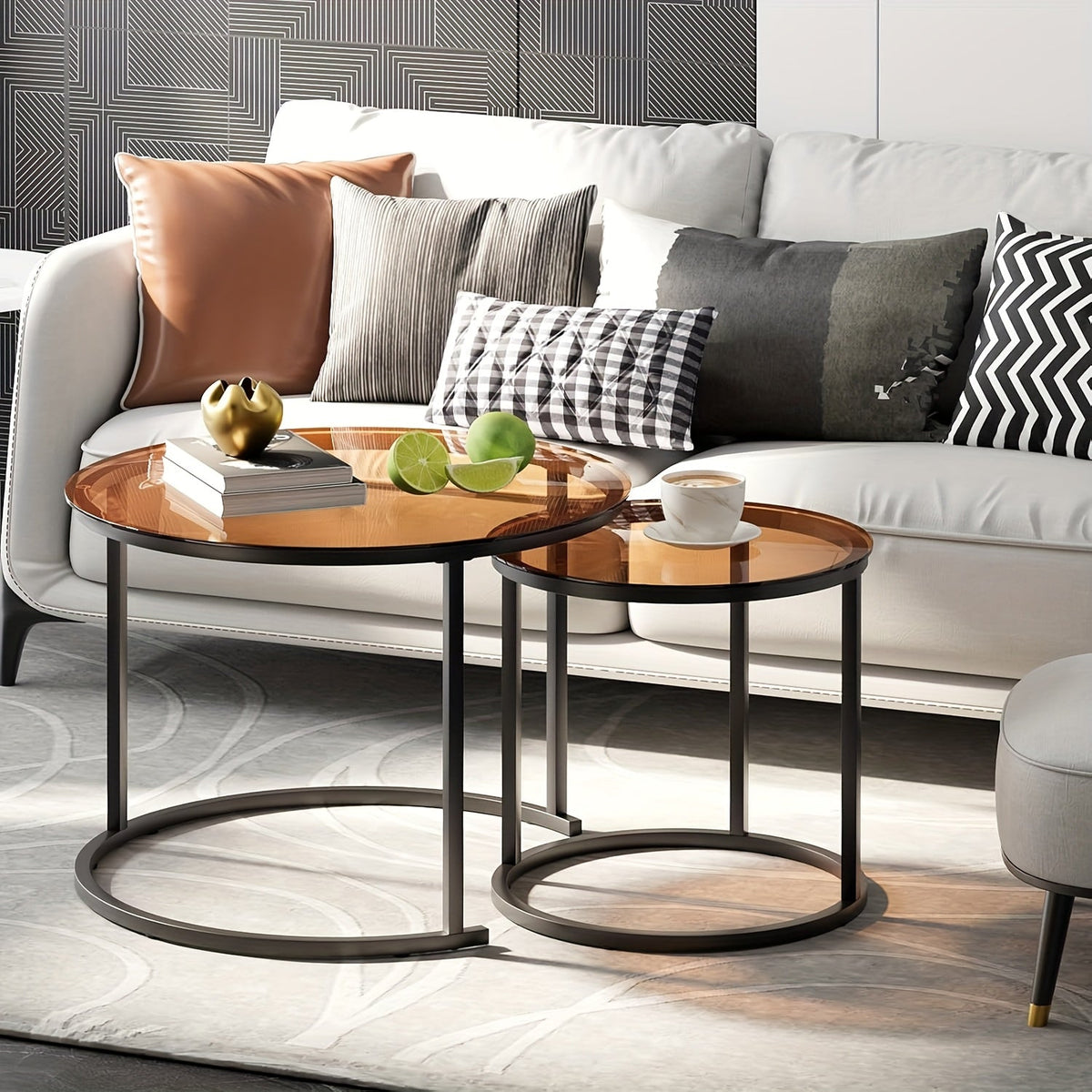 Nesting Glass Coffee Tables Set of 2 – Round Modern Industrial Metal Frame Side Tables for Living Room Bedroom in Clear Gray Striped & Tea Glass with Gold or Black Frame
