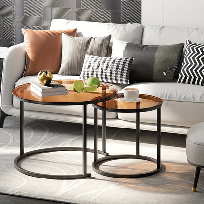 Nesting Glass Coffee Tables Set of 2 – Round Modern Industrial Metal Frame Side Tables for Living Room Bedroom in Clear Gray Striped & Tea Glass with Gold or Black Frame