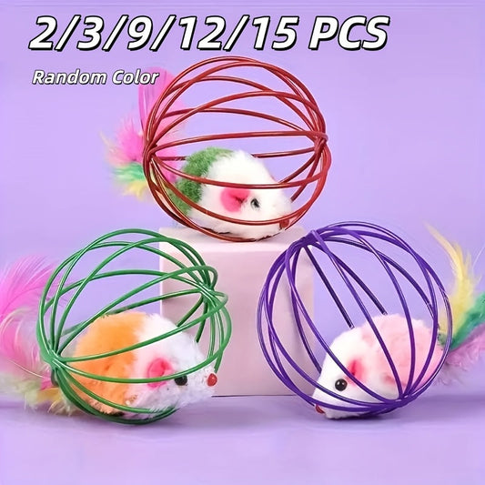 Cage Ball Cat Toys with Feathers & Tails – Wire Cage Interactive Toy Set for Cats, Colorful Fake Feather Rattling Ball Toys for Kittens, Durable Fabric Cat Enrichment Toys, No Battery, Multi-Pack Options