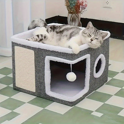 Multi-Layer Cat House with 2-Tier Bed, Toy Tunnel, Foldable Scratching Post & Cozy Mat – All-Season Indoor Cat Condo with Plush Hanging Ball, Nylon Frame & Canvas, Foldable Design