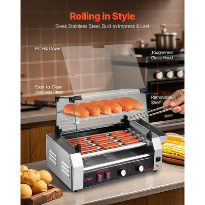 VEVOR Hot Dog Roller Machine 12 Hot Dogs 5 Stainless Steel Rollers Dual Temperature Control Glass Cover Storage Box & Removable Drip Tray for Food Stands Parties & Restaurants – Silver
