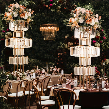 5-Tier Crystal Chandelier Flower Stand – Metal Pedestal with Hanging Crystals for Wedding Centerpiece T-Stage Road Lead Event & Holiday Decoration
