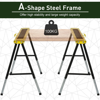 Sawhorse 2-Pack, 12-Level Adjustable Height 24.4"-35.4", 220 lbs Max Load, A-Frame Steel, Non-Slip EVA Surface, Folding & Portable with Carry Handle, for Woodworking, DIY & Construction