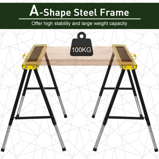 Sawhorse 2-Pack, 12-Level Adjustable Height 24.4"-35.4", 220 lbs Max Load, A-Frame Steel, Non-Slip EVA Surface, Folding & Portable with Carry Handle, for Woodworking, DIY & Construction