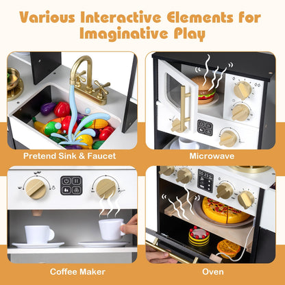 Wooden Play Kitchen for Kids with Realistic Lights – 36.5" Pretend Chef Playset with Stove, Sink, Oven, Ice Machine, Microwave & Coffee Maker, Toddler Role Play Toy Gift for Boys & Girls Ages 3+