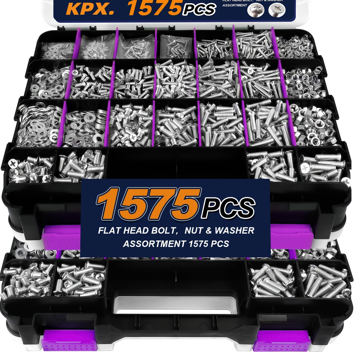 1575-Piece Nut & Bolt Assortment Set - Phillips & Flat Head Screws, Nuts, Bolts & Washers with Double-Sided Storage Case - 10 Colors