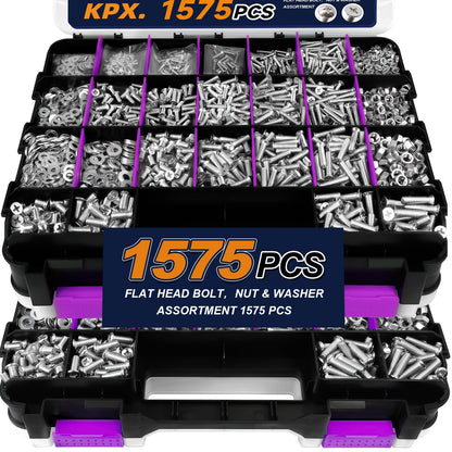 1575-Piece Nut & Bolt Assortment Set - Phillips & Flat Head Screws, Nuts, Bolts & Washers with Double-Sided Storage Case - 10 Colors