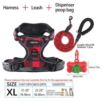 4-Piece Dog Harness and Leash Set No-Pull No-Choke Reflective Oxford Vest Harness with Leash Poop Bag Dispenser Easy Control Handle for Medium Large Dogs Outdoor Training Walking