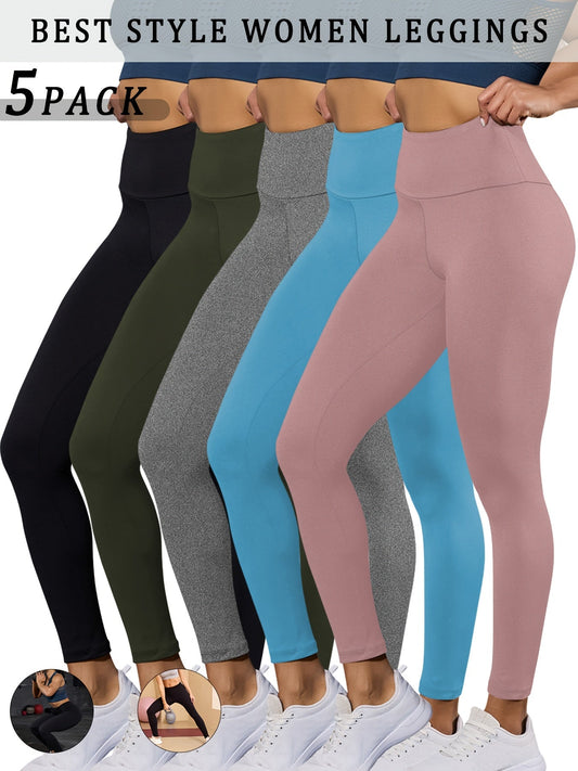 5-Pack Women's Super Soft High-Waist Tummy Control Leggings - Non-See-Through Workout, Yoga & Running Pants - XS–XXL - Black, Mixed Neutrals & Multi-Color Packs