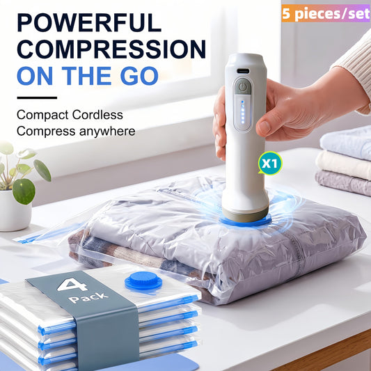 4-Pack Vacuum Storage Bags with USB Electric Air Pump - 1500mAh Rechargeable, 3 Sizes (30×40 / 40×50 / 50×60cm) - Space-Saving for Clothes & Seasonal Bedding