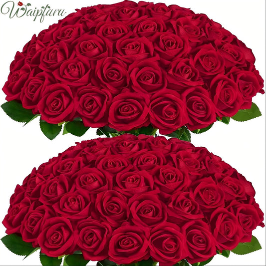 50 / 100pcs Real Touch Velvet Artificial Roses with Long Stems - Bulk Fake Flowers for Valentine's Day, Bridal, Wedding Centerpiece, Mother's Day & Home Decor - Red, White, Pink, Black & Blue