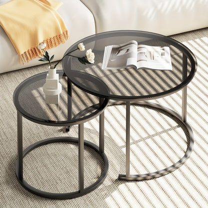 Nesting Glass Coffee Tables Set of 2 – Round Modern Industrial Metal Frame Side Tables for Living Room Bedroom in Clear Gray Striped & Tea Glass with Gold or Black Frame