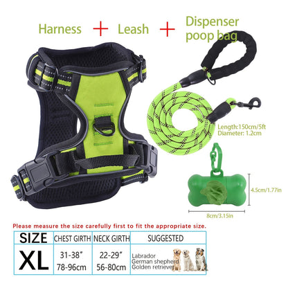4-Piece Dog Harness and Leash Set No-Pull No-Choke Reflective Oxford Vest Harness with Leash Poop Bag Dispenser Easy Control Handle for Medium Large Dogs Outdoor Training Walking