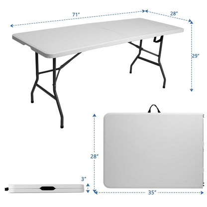 Plastic Folding Table 4ft/6ft - Rectangular Center-Fold Portable Table with Carry Handle for BBQ, Outdoor, Camping & Party - White - Seats 4-8 Persons