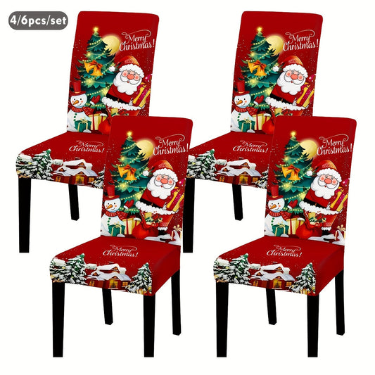 4/6-Piece Santa Claus & Snowman Christmas Chair Covers - Digital Print, Removable & Washable Elastic Seat Covers - Home, Office, Restaurant & Banquet Hall - Holiday Decoration