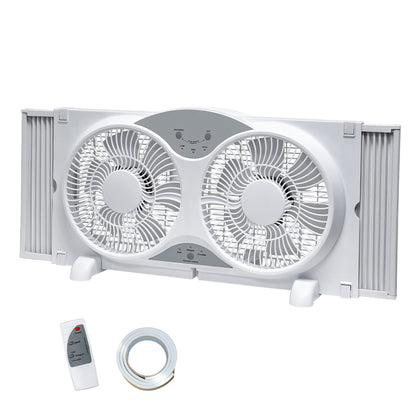 Twin Window Fan 9" - Reversible Airflow, 3 Speeds, 23.8"-37" Expandable Width, Exhaust & Intake - Remote or Timer - Home & Bedroom