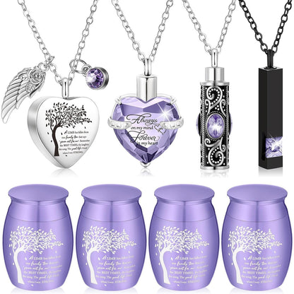 8-Piece Small Cremation Urns for Ashes – Alloy Keepsake Ash Holder Set with Family Tree Memorial Heart Locket Pendant for Adults Men & Women, Burial & Cremation Remembrance Gift, 8 Colors