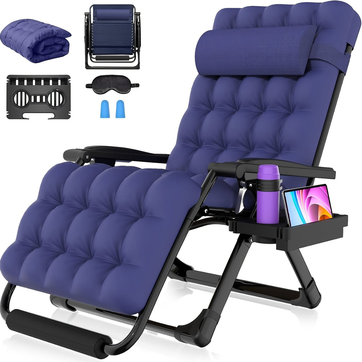 Oversized XXL Zero Gravity Chair, 33", 500 Lb Capacity, 1.6" Steel Pipes, 90°-170° Aluminum Lock Recliner, Removable Cushion & Headrest, Footrest, Cup Holder, Eye Mask & Earplugs, for Outdoor Camping, Patio & Beach
