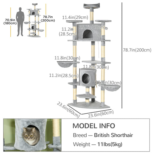 79" Large Cat Tree Tower with 2 Condos, Hammock, Sisal Scratching Posts, Plush Perches & Top Bed, Particle Board, for Cats Under 10 lbs, Indoor Cats & Kittens, 23.6"x23.6"x78.7"