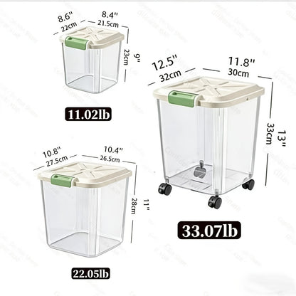 Sealed Pet Food Storage Container with Wheels & Measuring Spoon – Transparent Rolling Box with Lockable Airtight Lid & Spill-Proof Compartments for Dogs, Cats & Birds, Multiple Sizes