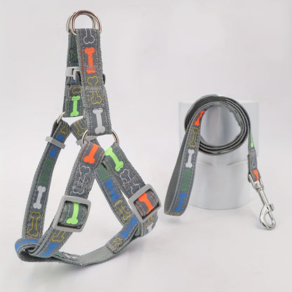 Dog Harness and Leash Set with Bone Pattern - No Pull Triangle Chest Back Vest Harness for Small Medium Large Dogs, Indoor Outdoor Walking, Pink Black Blue Grey, S M L