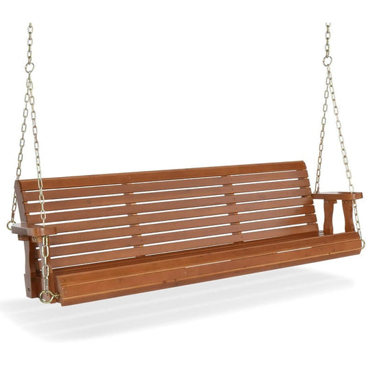 Wooden Porch Swing 880LBS Heavy Duty Ergonomic Curved Seat Adjustable Chains Well-Coated Surface for Patio Garden Courtyard Outdoor Hanging Bench 4FT 5FT Brown Natural