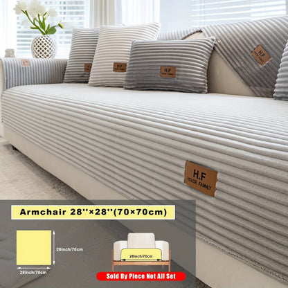 Short Plush Striped Sofa Cover & Cushion - All-Season, Pet-Friendly & Non-Slip - Armchair, Loveseat, 3/4/5-Seater, Backrest, Armrest & Pillowcase - White, Dark Gray, Light Gray, Coffee & Blue