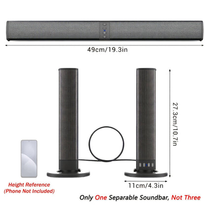 2-in-1 Detachable Soundbar - 20W, Bluetooth/TF/AUX/FM/RCA/TWS, Wireless Flat & Wired Tower Modes, Volume Control - TV, PC, Gaming & Projectors - Black