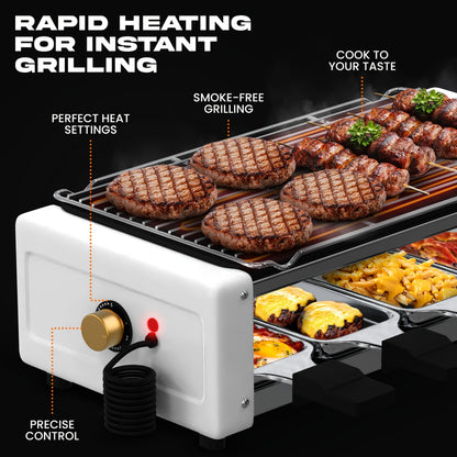 4-in-1 Electric Sausage Grill – Non-Stick Countertop with Adjustable Temperature Detachable Panel Silicone Oil Brush & Three-Tray Dish Easy to Clean for Kitchen & Dormitory Use in White