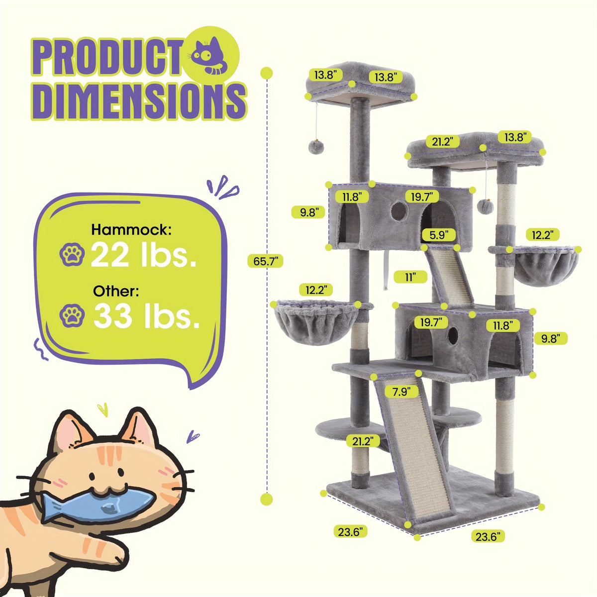 WEEWAY Corner Cat Tree Tower for Indoor Cats 36–81 Inch – Multi-Level Cat Furniture with Sisal Scratching Posts, Condo Cave, Hammock, Ramps, Plush Perches, Basket & Pompom Toys, Perfect Cat Gift