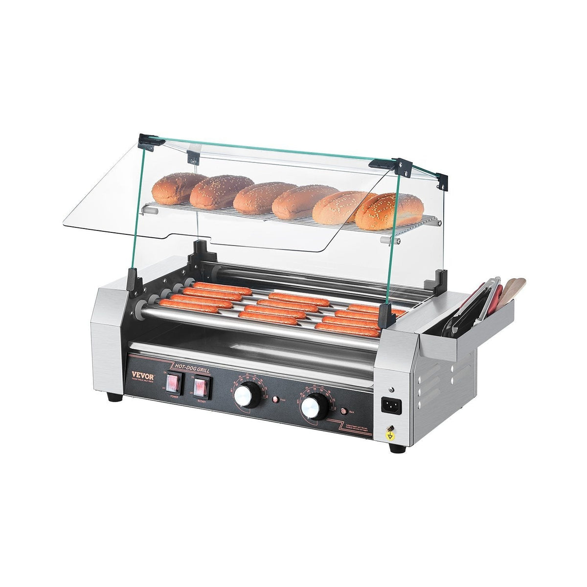 VEVOR Hot Dog Roller Machine 12 Hot Dogs 5 Stainless Steel Rollers Dual Temperature Control Glass Cover Storage Box & Removable Drip Tray for Food Stands Parties & Restaurants – Silver