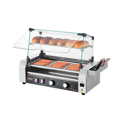 VEVOR Hot Dog Roller Machine 12 Hot Dogs 5 Stainless Steel Rollers Dual Temperature Control Glass Cover Storage Box & Removable Drip Tray for Food Stands Parties & Restaurants – Silver