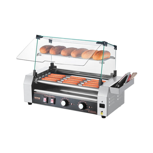 VEVOR Hot Dog Roller Machine 12 Hot Dogs 5 Stainless Steel Rollers Dual Temperature Control Glass Cover Storage Box & Removable Drip Tray for Food Stands Parties & Restaurants – Silver