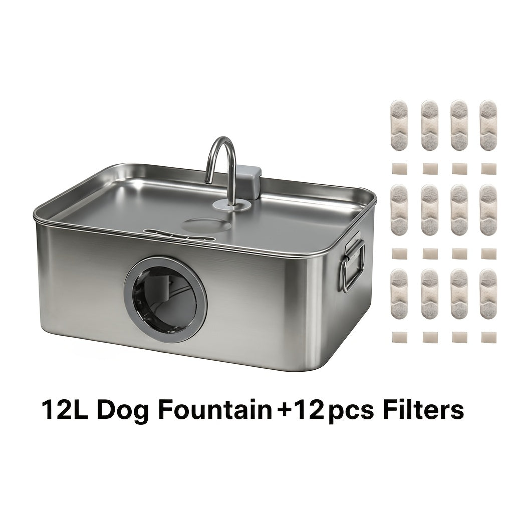 IDEAZOOS Large Dog Water Fountain 12L / 3.17 Gal - 304 Stainless Steel, Ultra Quiet, Water Level Window, Dry Burn Protection, Red/Blue Indicator - Easy to Clean, No Battery - Multi-Pet