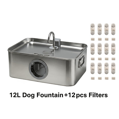 IDEAZOOS Large Dog Water Fountain 12L / 3.17 Gal - 304 Stainless Steel, Ultra Quiet, Water Level Window, Dry Burn Protection, Red/Blue Indicator - Easy to Clean, No Battery - Multi-Pet