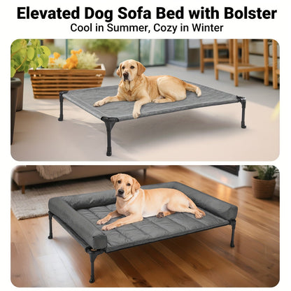 Cooling Elevated Dog Bed with Removable Pillow-Top Mat – Raised Bolster Dog Cot with Breathable Mesh Non-Slip Feet Dog Sofa Bed for Indoor & Outdoor Use