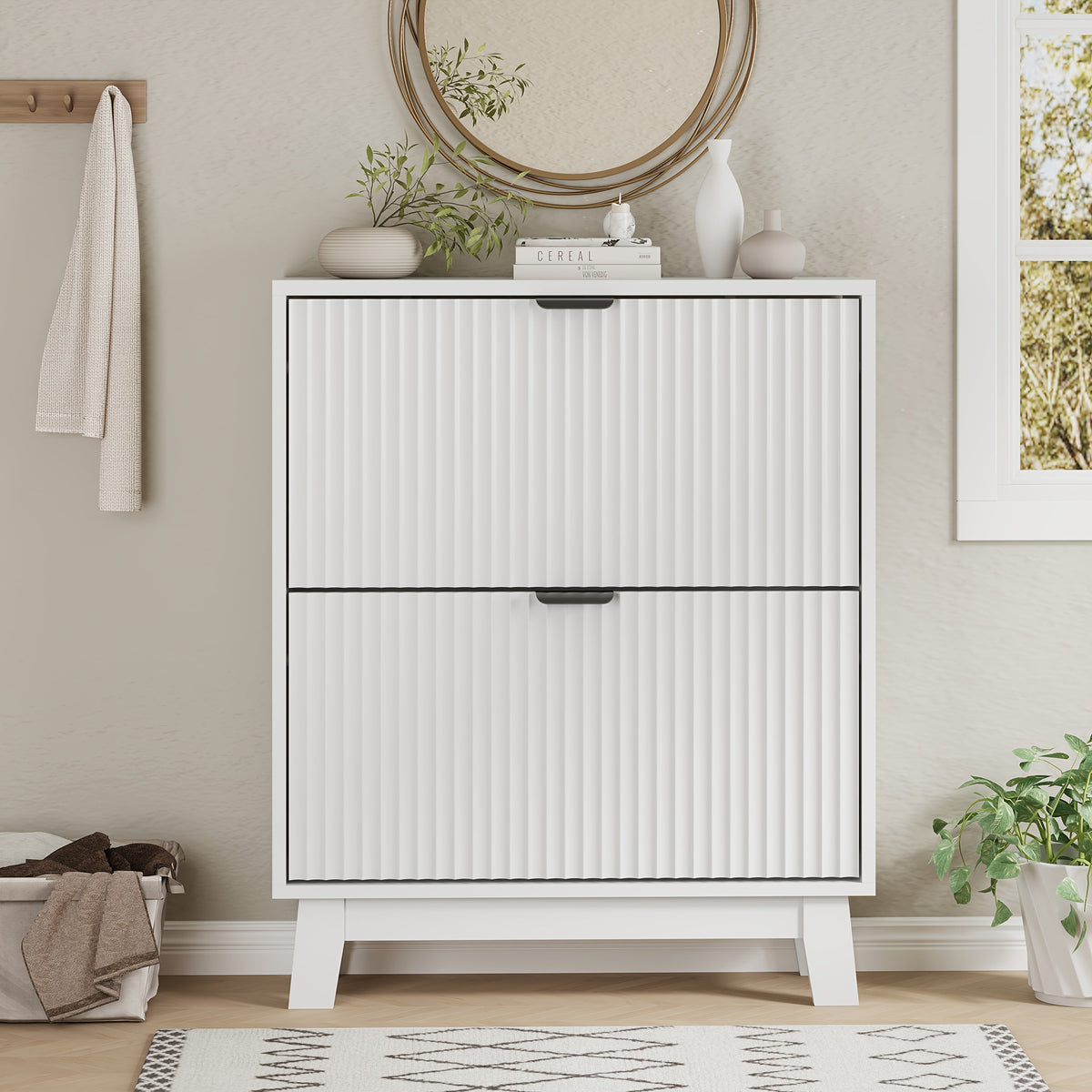 Slim Fluted Shoe Cabinet with 2 Flip Drawers, Adjustable & Removable Shelves, Narrow Entryway Shoe Organizer for Hallway Foyer Living Room Small Spaces, Modern Hidden Shoe Storage