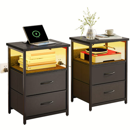 LED Nightstand with Charging Station - 1/2/3/4 Drawers, RGB App-Controlled Music-Sync Lighting, Metal Frame, Fabric Drawers & PU Finish, Adjustable Legs, 2 AC Outlets - 1 or 2 Pack - Bedroom & Living Room - Black, White, Gray & Brown
