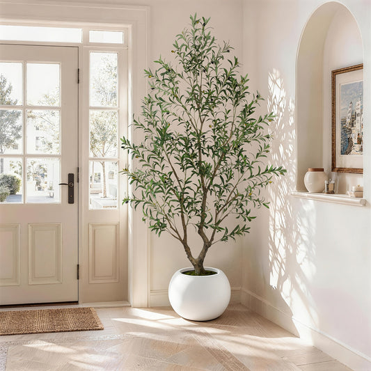 Artificial Olive Tree 5-8FT Tall Potted Faux Olive Floor Plant with Lifelike Leaves & Black Fruits, Decorative Fake Indoor Tree with White or Black Round Planter for Living Room Office Home Decor