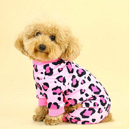 Pink Leopard Print Dog Pajamas for Small Dogs & Cats – Plush Soft Cozy Pet Jammies, Glamorous Leopard Texture Onesie Sleepwear for Puppies and Kittens, Stylish Indoor Dog Apparel and Pet Gift